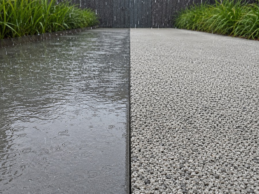 Comparativo na chuva: piso comum encharcado e Piso Drenante